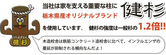 当社は家を支える重要な柱に栃木県産オリジナルブランド「健杉」を使用しています。健杉の強度は一般杉の1.2倍!!