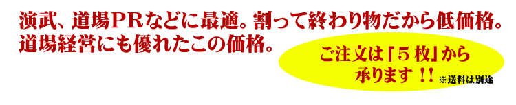 演武、道場ＰＲなどに最適。割って終わり物だから低価格。道場経営にも優れたこの価格。