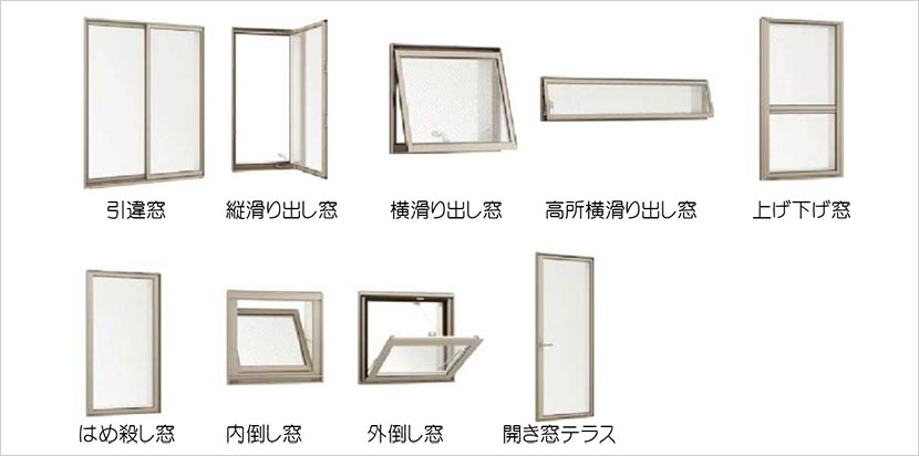引違窓、縦滑り出し窓、横滑り出し窓、高所横滑り出し窓、上げ下げ窓、はめ殺し窓、内倒し窓、外倒し窓、開き窓テラス